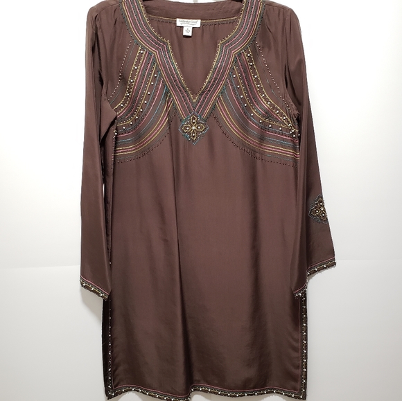 Coldwater Creek Dresses & Skirts - COLDWATER CREEK Brown Silk Dress w/Beaded Trim